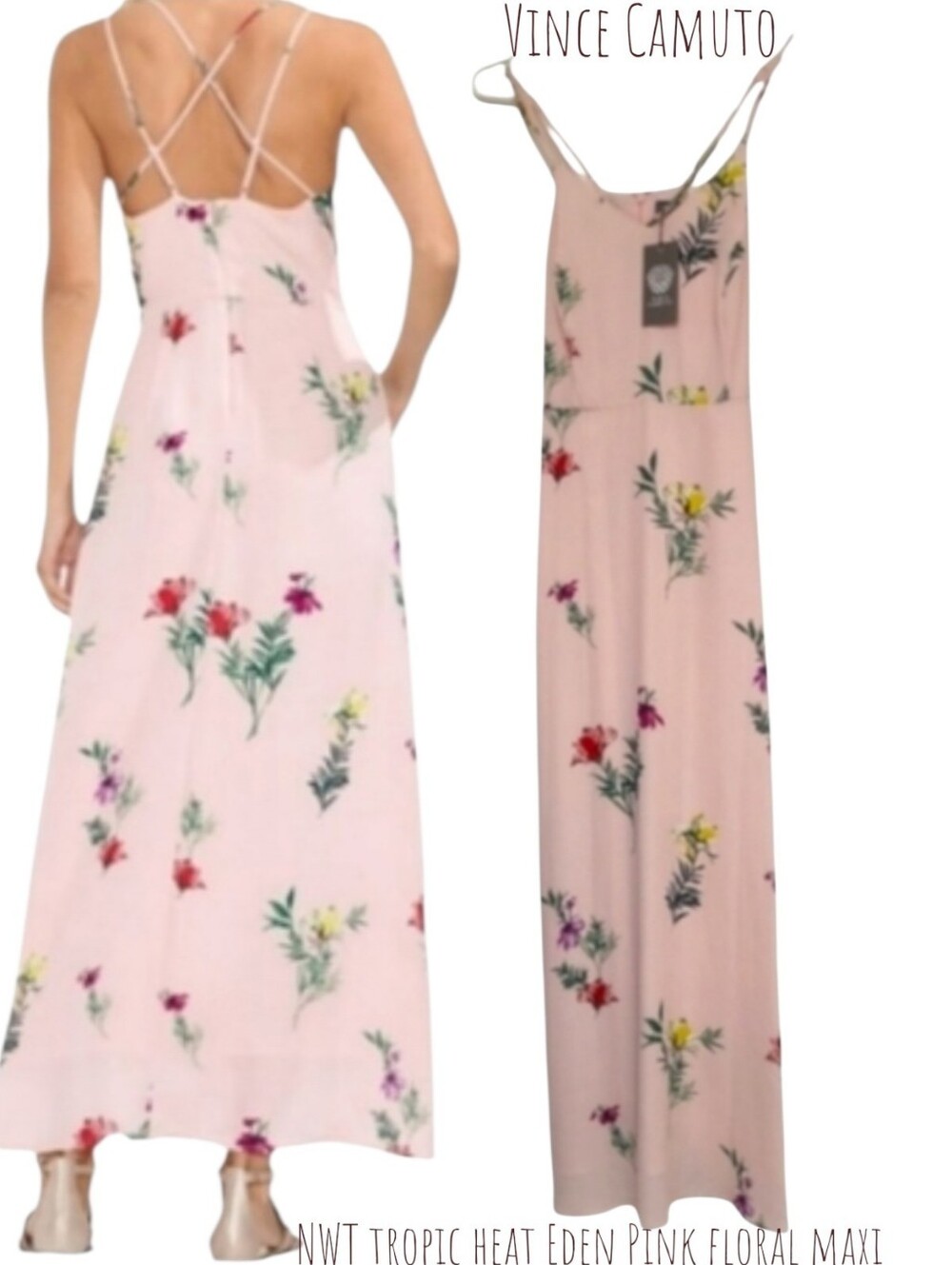 Vince Camuto Women's tropic heat Eden Pink floral maxi dress v-neck sleeveless 4